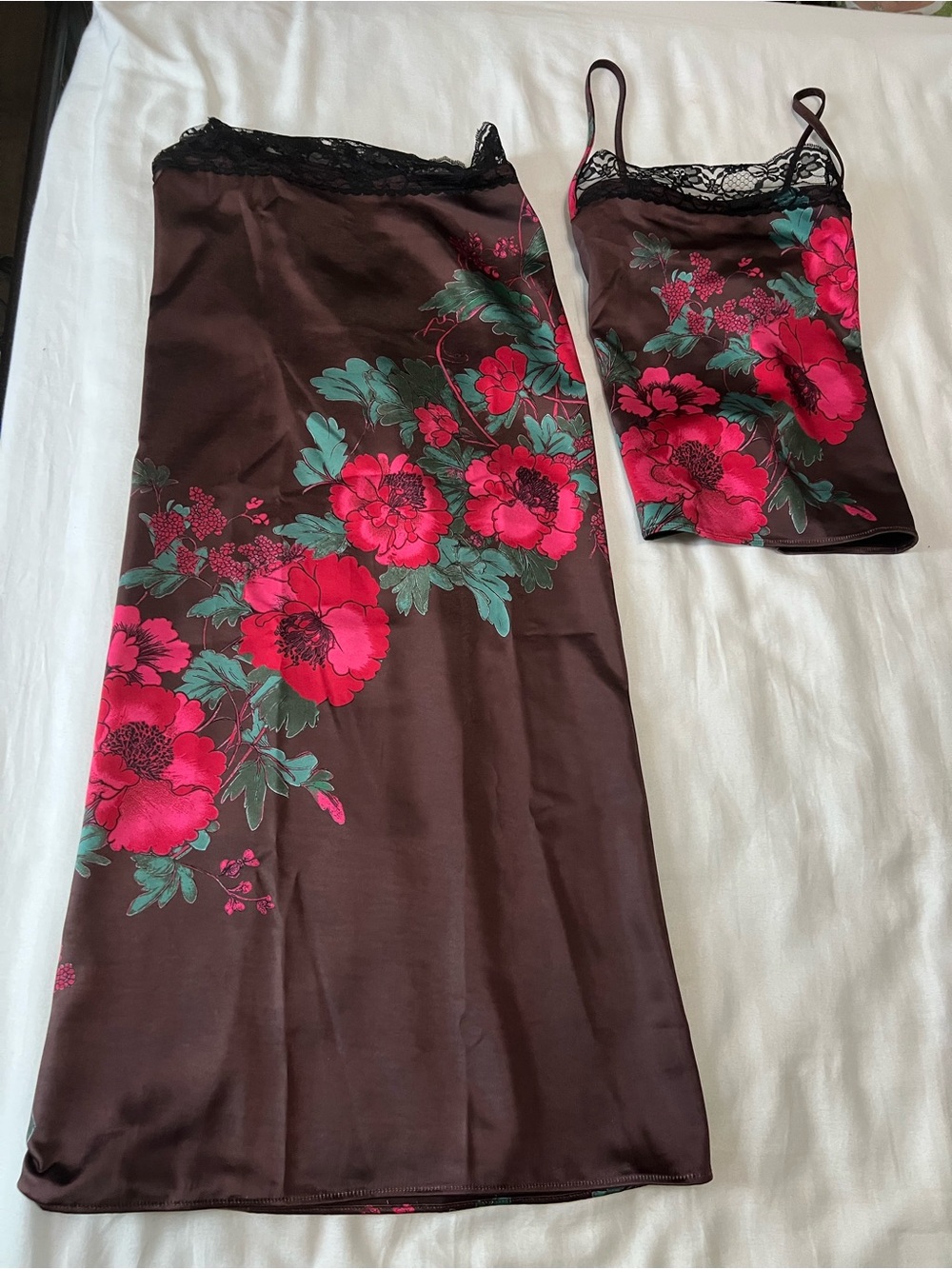 Free People Brown Maxi Slip Skirt with Hot Pink Floral